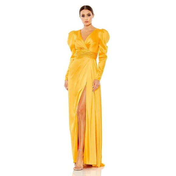 NWT Mac Duggal Faux Wrap Long Sleeve A Line Gown Marigold 8 - Picture 1 of 8